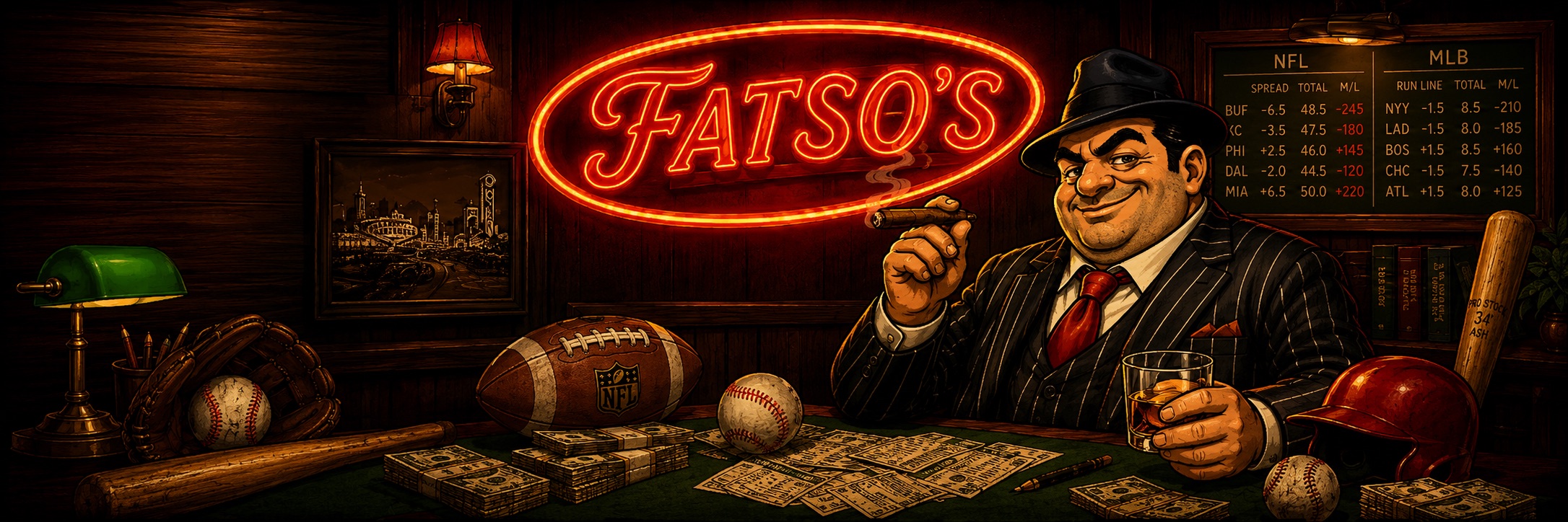 FATSO'S — neon sign glowing over Fatso at the felt with a cigar and whiskey, an NFL and MLB odds board, a football, baseballs and cash on the table.